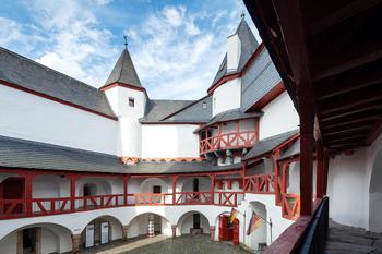 Interior of Burg Pfalzgrafenstein showing medieval architecture and historic details.