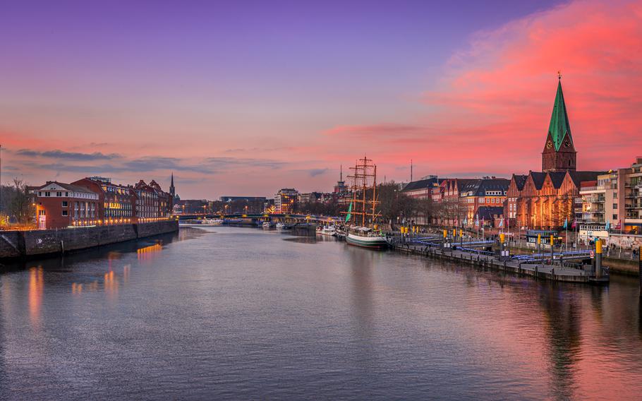 Sunset at the Weser river in the old town of Bremen, Germany