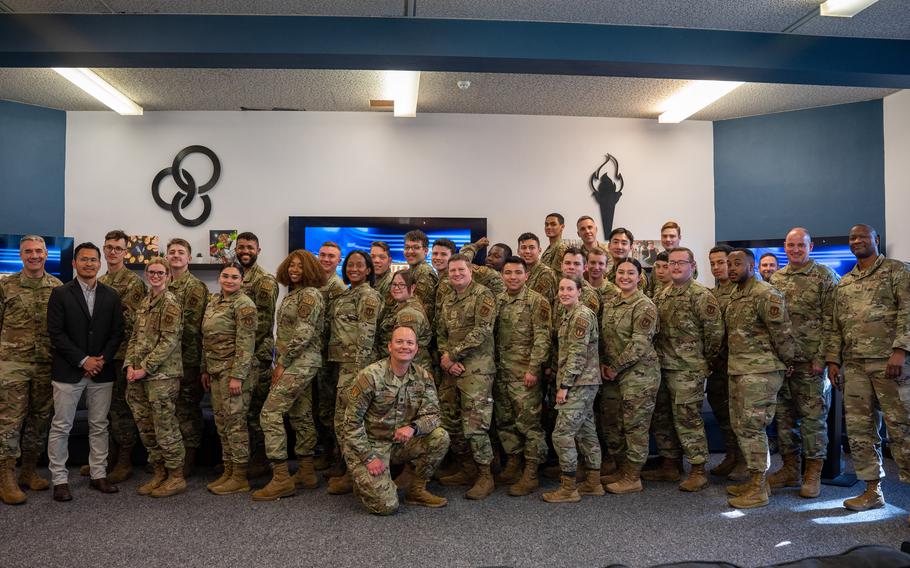The Liberty Wing HOPE specialists and leadership pose for a group photograph on Royal Air Force Lakenheath, England, March, 9, 2023. The HOPE specialists’ mission is to create a movement of Airmen dedicated to spiritual fitness, resilience, character and community service.