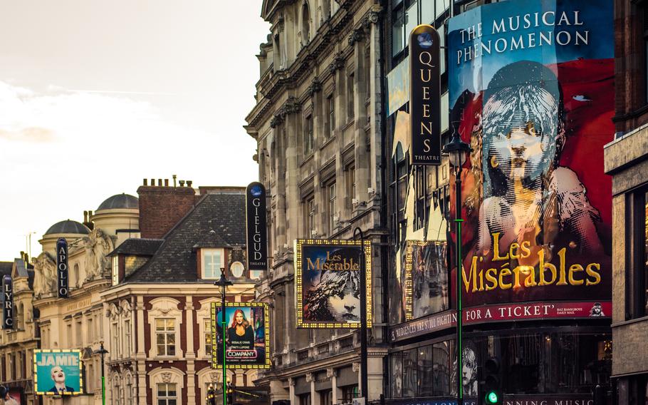 View of busy London west end theater street.