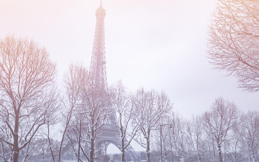 White and gray photo of the Eiffel tower in Paris behind snowy winter trees on a cold day