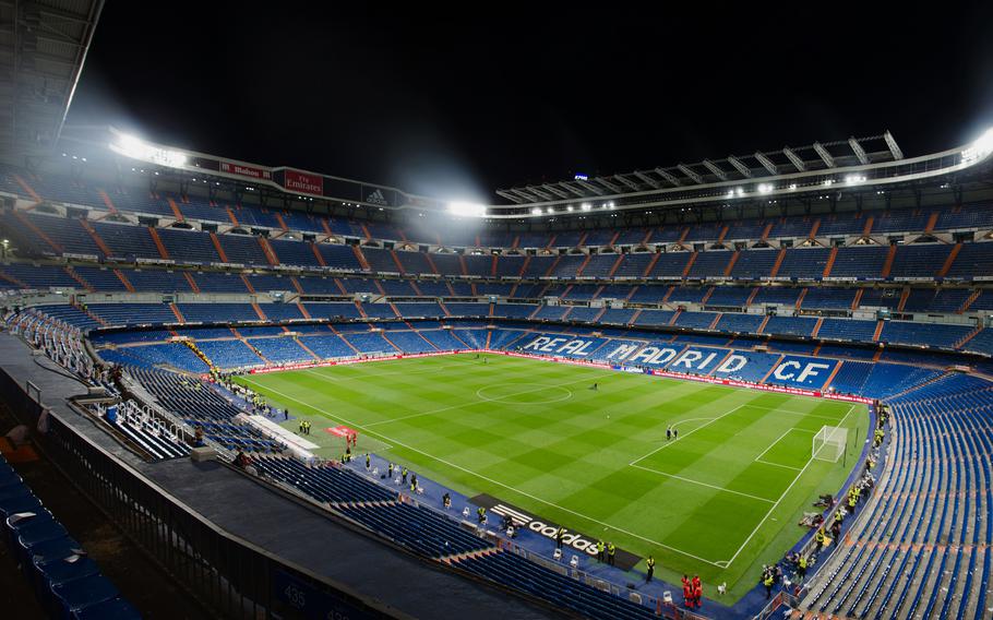 MADRID, SPAIN - APRIL 29: Night view of Santiago Bernabeu stadium on April 29, 2015 in Madrid, Spain. Real Madrid C.F. was born in the year 1902 and Santiago Bernabeu Stadium is its headquarters