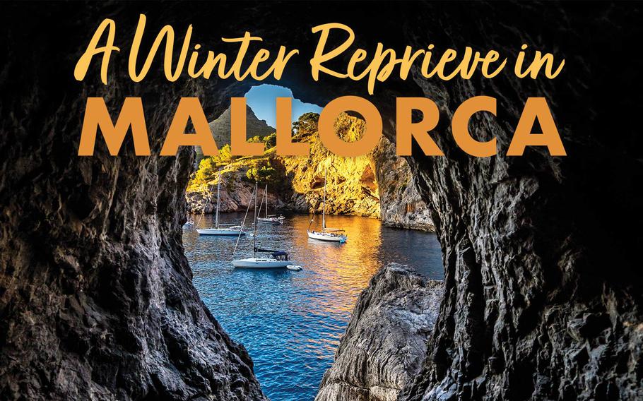 Escape to the tranquil charm of Mallorca during the winter season. This breathtaking scene captures a picturesque cove, framed by rugged cave walls, with sailboats drifting on shimmering blue waters under the warm glow of the sun. A perfect retreat for nature and travel lovers.