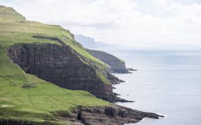 Landscape on the Faroe Islands with cliffs blue ocean and green grass
