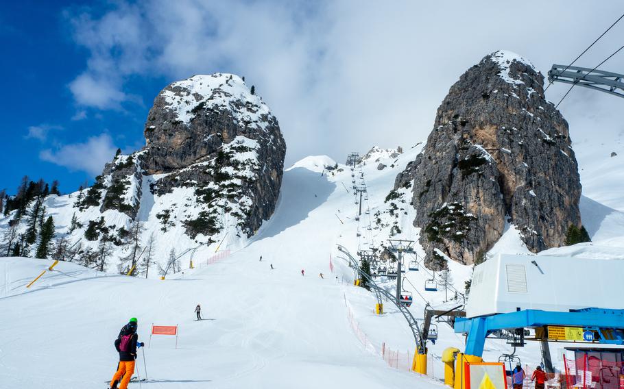 Olympic downhill ski run Olimpia 1 in Cortina d’Ampezzo in Dolomites, Italy. 