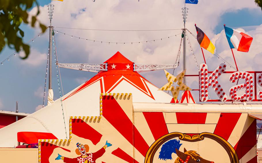 Summer view with a red and white circus tent at Landau, Dingolfing-Landau, Bavaria, Germany