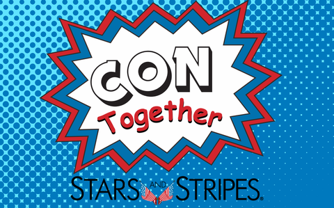 Photo Of The words “Con Together” in a comic book star bubble. It is on a blue background. The black Stars and Stripes logo in under the star.
