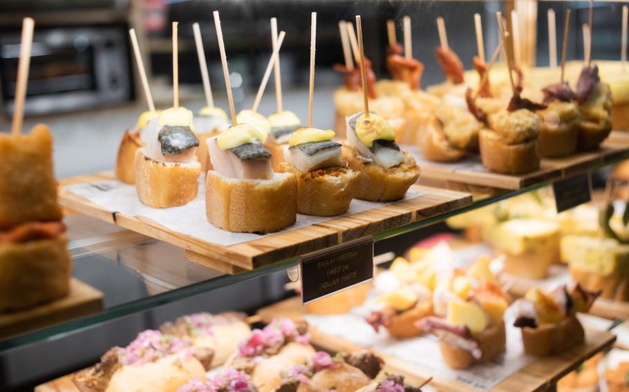 Snacks in tapas bar in Spain, traditional Spanish food