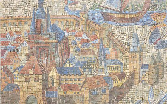 A historic mosaic with faded yellow, red, and light blue tiles of the town of Sankt Wendel. The church and city walls are the main focus. There is also detailing of a boat in the background and white birds in the foreground. 
