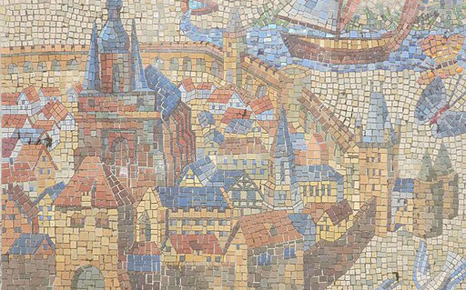 A historic mosaic with faded yellow, red, and light blue tiles of the town of Sankt Wendel. The church and city walls are the main focus. There is also detailing of a boat in the background and white birds in the foreground. 
