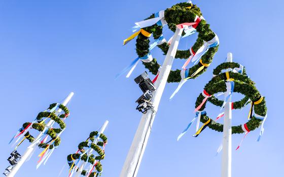 typical bavarian maypole in front of blue sky