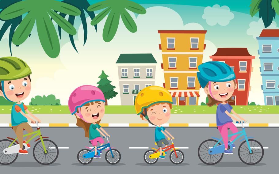Teenagers and young kids biking safely to school.