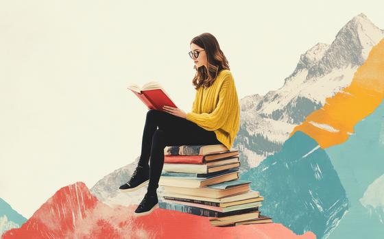 Contemporary art collage. Stylish young woman sitting on books and reading. Cheerful studying. New information. Concept of education, student lifestyle, book reading, discovery, artwork and ad --ar 16:9 --v 6.1 Job ID: 14acf466-a4e4-492d-947e-64a4214cc290