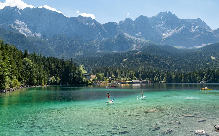 lake Eibsee with the Zugspitze mountains in the background.