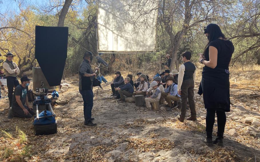 Military kids Tyler Korsmo, Avi Nickola and Blake Korsmo on the film set for the Western short movie “Rivals”