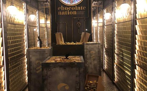 Interior of chocolate vault with a sign at the end that reads “Chocolate Nation”