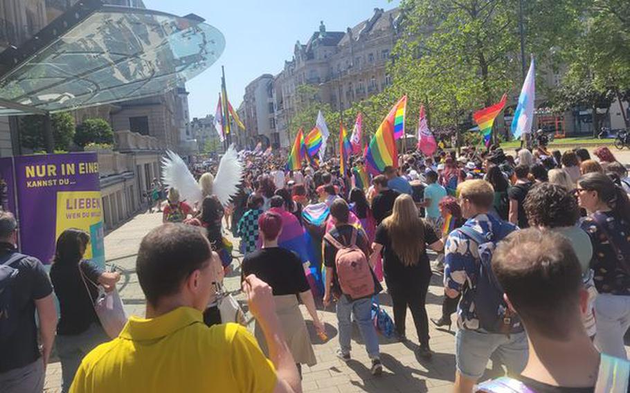 Crowd facing away from camera walking with Pride flags. 