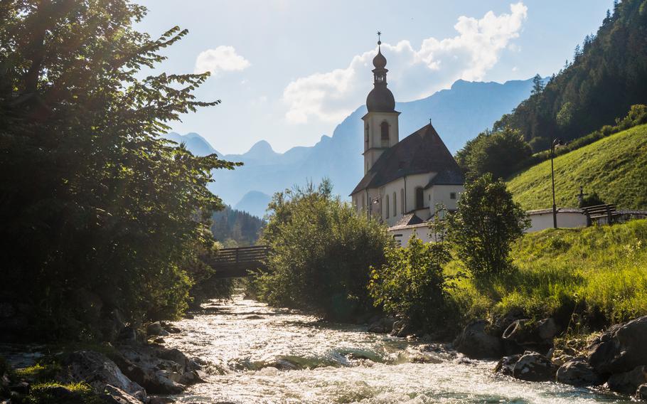 Beautiful view of church of St Sebastian in the summer, Bavarian Alps, South Germany, Europe