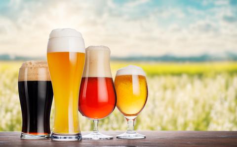 Photo Of An assortment of beer glasses filled with different types of beer, placed on a rustic wooden table with a beautiful summer landscape in the background
