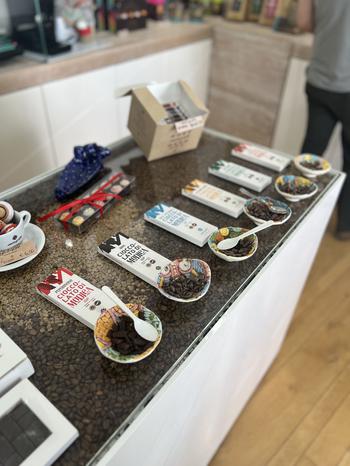 Row of chocolate samples in large white spoons.