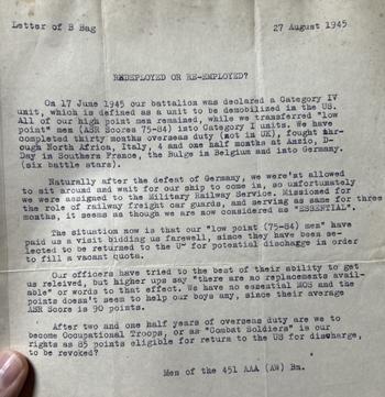 A Copy of the Letter Written to “B Bag” Stars and Stripes