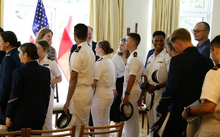 Participants in the American Service Academies Program, coordinated by the Auschwitz Jewish Center, visit the U.S. Consulate General in Krakow as part of their extensive educational experience in Poland confronting the history of the Holocaust and its lessons for ethical leadership.