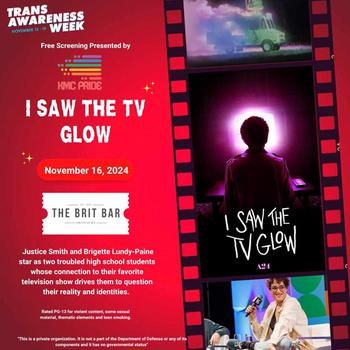 Flyer reads, “Free screening presenting by KMC Pride | November 16th | I Saw the TV Glow | The Brit Bar”