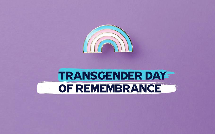 Rainbow badge and text TRANSGENDER DAY OF REMEMBRANCE on color background