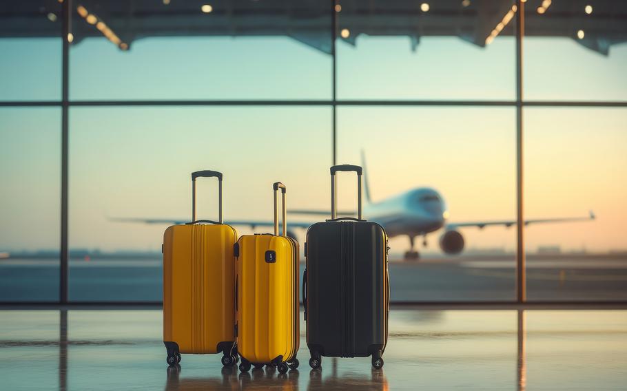 Three rolling suitcases placed in front of a large window at an airport with a large plane behind the window during a sunrise.