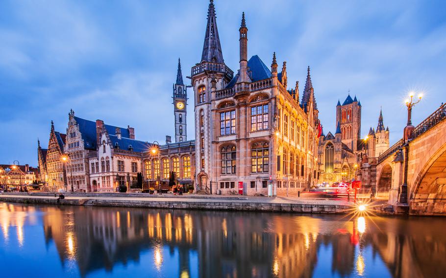 Ghent, Belgium. Medieval buildings overlooking the Graslei harbor on Leie river.