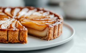 Upside-down caramelized apple tarte tatin is plated beautifully, revealing its glossy apple topping and flaky pastry with one slice cut out, perfect for dessert.