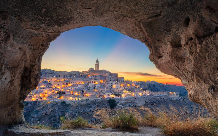 Cityscape image of medieval city of Matera, Italy during beautiful sunset.