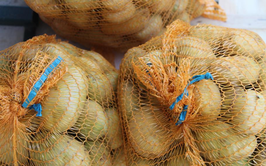 potatoes in a mesh sack with a blue stripe