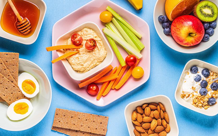 Healthy food for kids on blue background. 