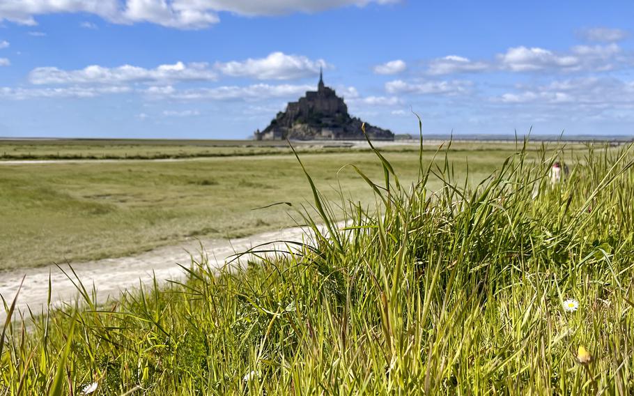 a picture looking through long bright green grass of Mont-Saint-Michel far of in the distance, with a bright blue sky 