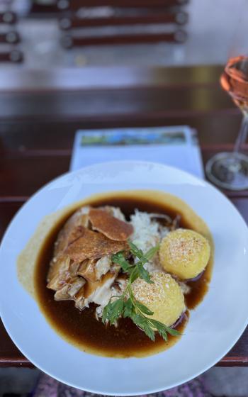 a white plate contrasts with a circle of brown gravey encompassing two potatoe dumplings and pork. a green sprig on top