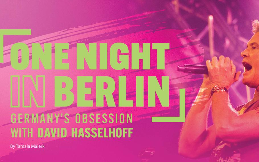 A promotional graphic featuring the headline “One Night in Berlin: Germany’s Obsession with David Hasselhoff” in bold lime green text on a pink background. The image includes a photo of a man, likely David Hasselhoff, passionately singing into a microphone under concert lighting. Abstract brushstroke graphics add a dynamic, energetic feel to the design. The author’s name, Tamala Malerk, appears in small white text in the bottom left corner.