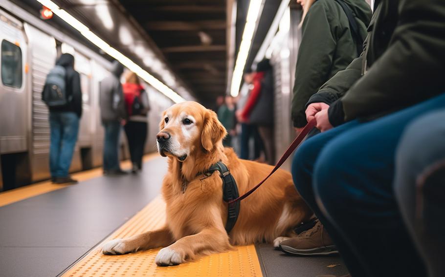 dog waiting for the subway