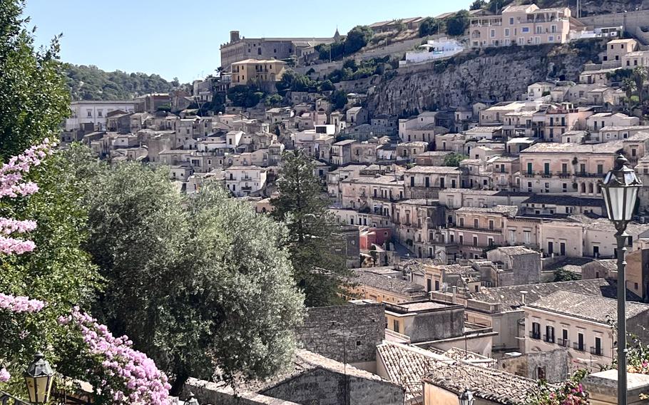 Exterior shot of the town of Modica on a sunny day.