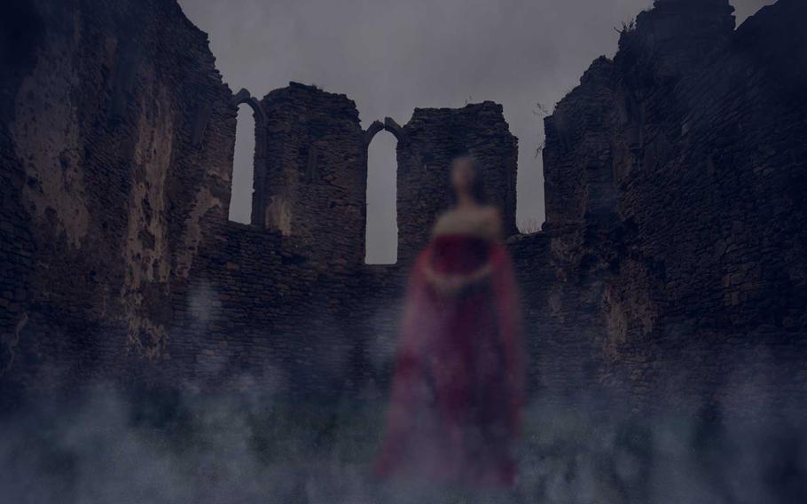 King Henry’s wife stands as a ghostly presence in her red gown, shrouded in mist within the ruins of a crumbling castle, evoking the eerie atmosphere of a royal tragedy.