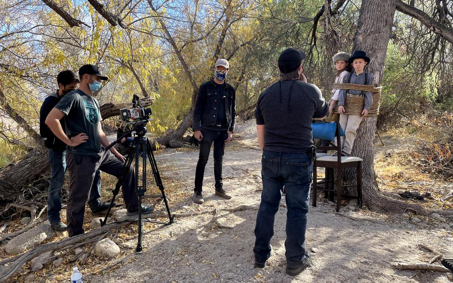 Military kids Avi Nickola and Blake Korsmo on the set of Western short film “Rivals”