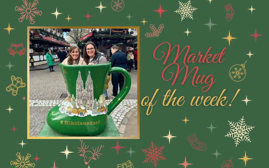 A giant, bright green, boot-shaped Christmas market mug with two smiling women inside. 