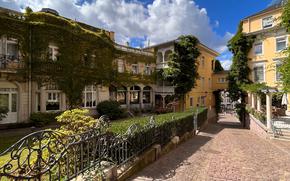 a bright picture of yellow historical building covered in green vines and ivy