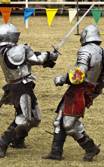 Two knights, one with sword in hand, fighting on a field