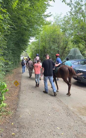 Children on horses, guided by adults, walking down the road