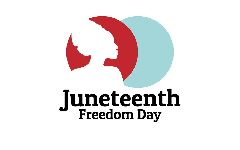 Women’s silouette in white on a red circle with a light blue circle semi-behind the red circle. Underneath it reads “Juneteenth Freedom Day”