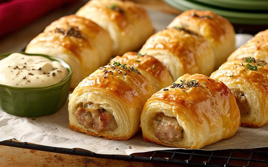brown and crispy sausage rolls lined up on a plate with a white sauce to dip them in. 