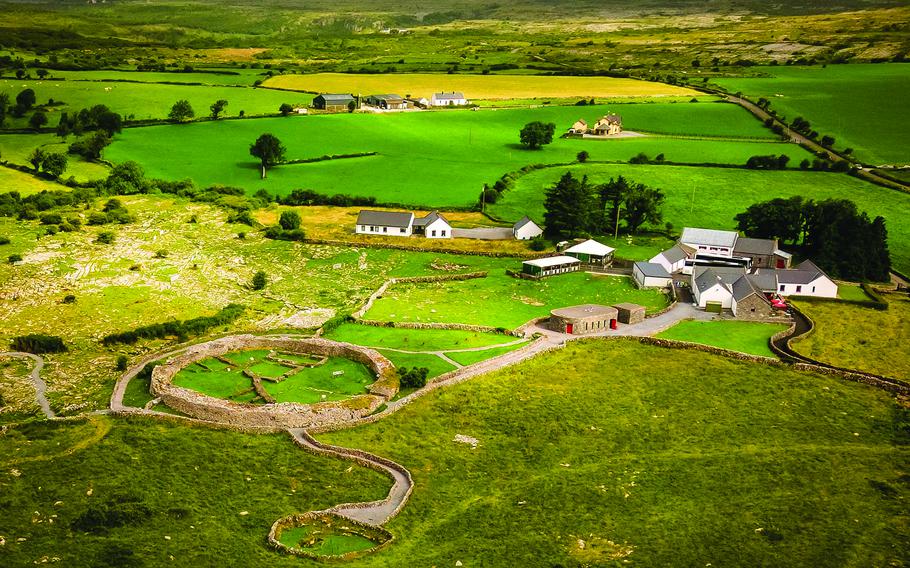 Aerial view of ancient Caherconnell Stone Fort circle in Ireland