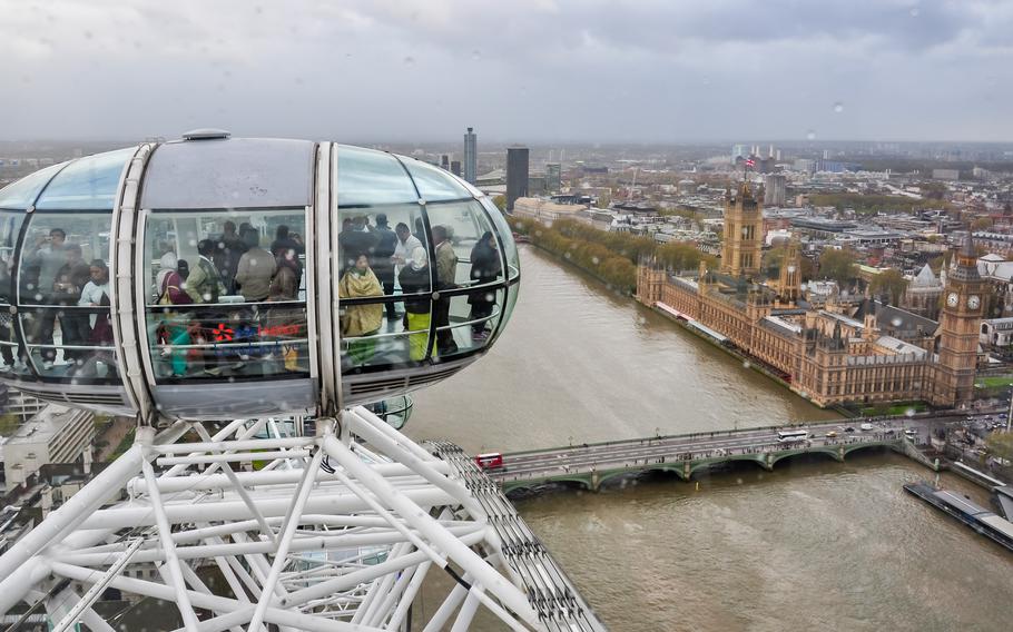 Cabin of London Eye and London cityscape from top