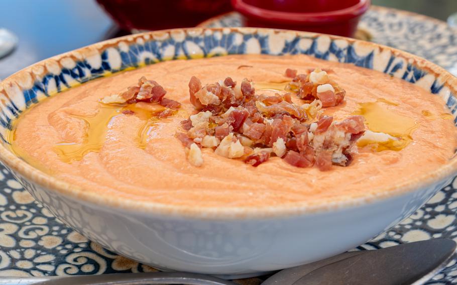 The authentic and genuine Cordoban salmorejo or carnerete served in a pretty blue bowl